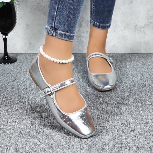 Silver Cushioned Insole Classic Mary Jane Ballet Flat Adjustable Ankle Strap - Picture 5 of 11